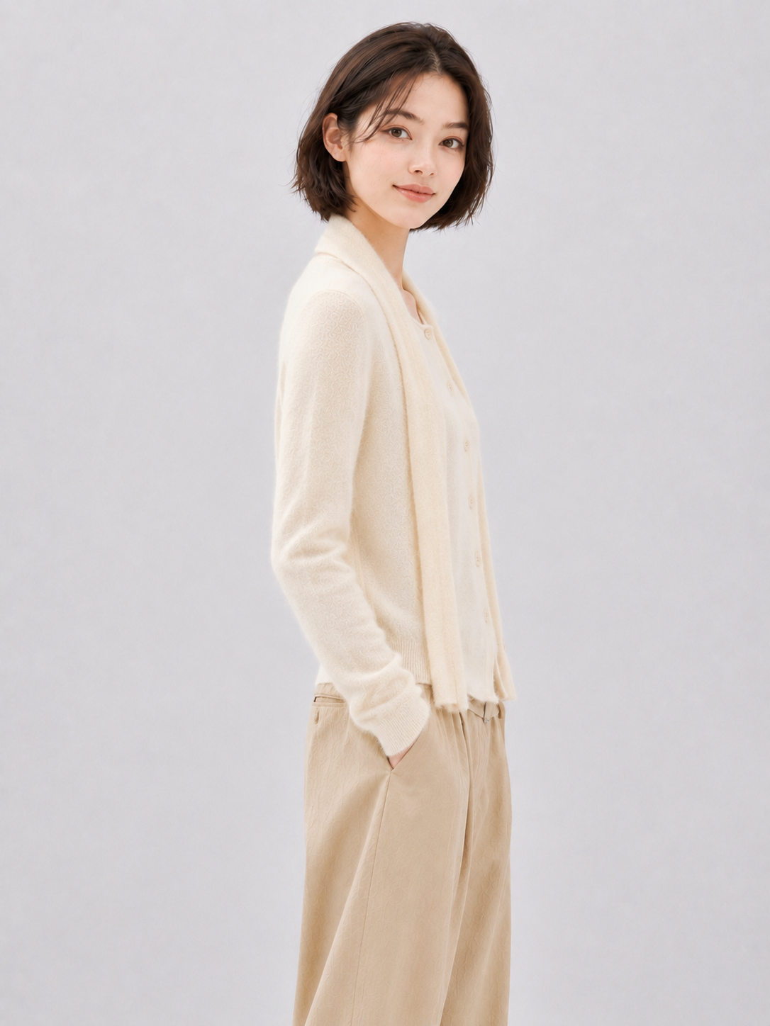 Women Knit Cardigan with Scarf Set Button Up Sweater Long Sleeve Soft Fuzzy Knit Cream Layered Shawl Collar Knitwear Top