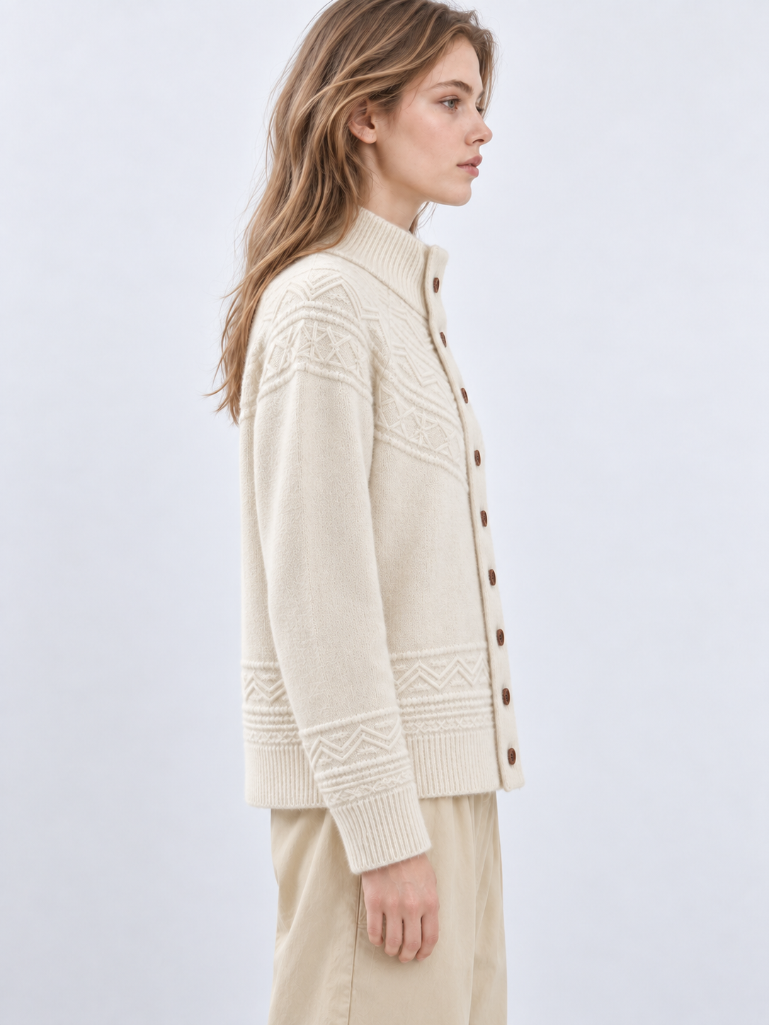 Women's Mock Neck Button Up Knit Cardigan Long Sleeve Textured Sweater Jacket with Geometric Pattern and Ribbed Trim
