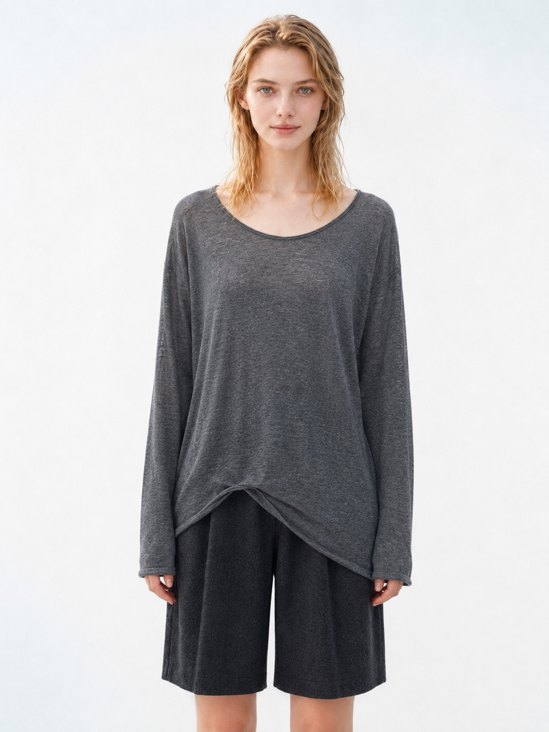 Women Two Piece Knit Sweater Set Oversized Long Sleeve Asymmetric Hem Pullover Top and Loose Shorts Casual Outfit