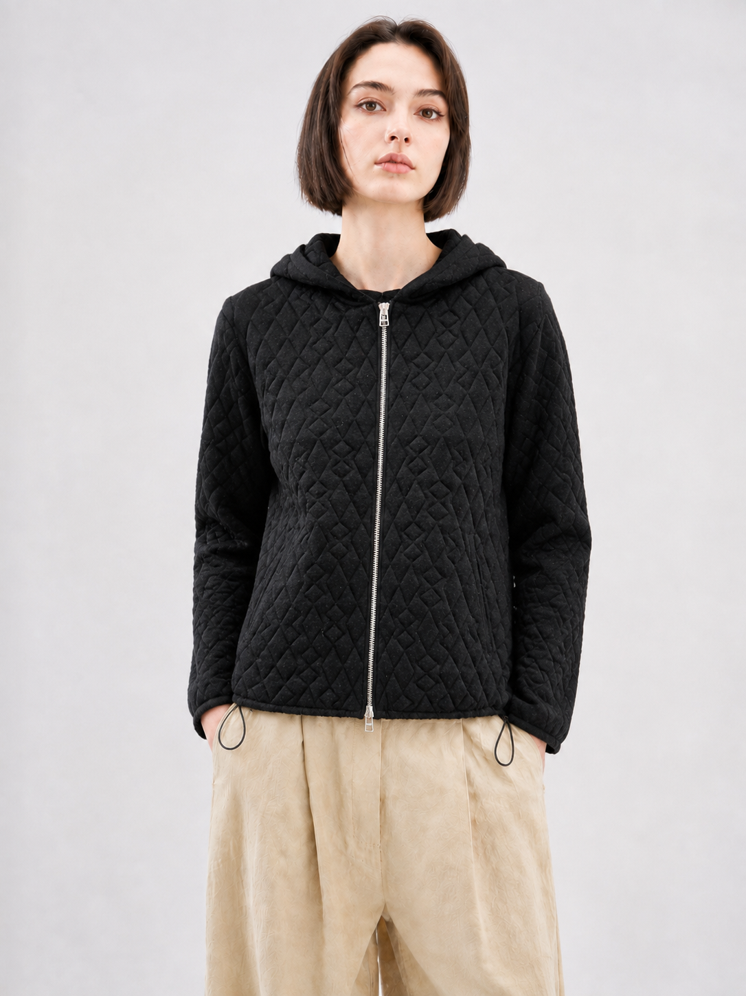 Women Quilted Hooded Jacket Zip Up Long Sleeve Lightweight Padded Hoodie Black Drawstring Short Coat for Autumn Winter