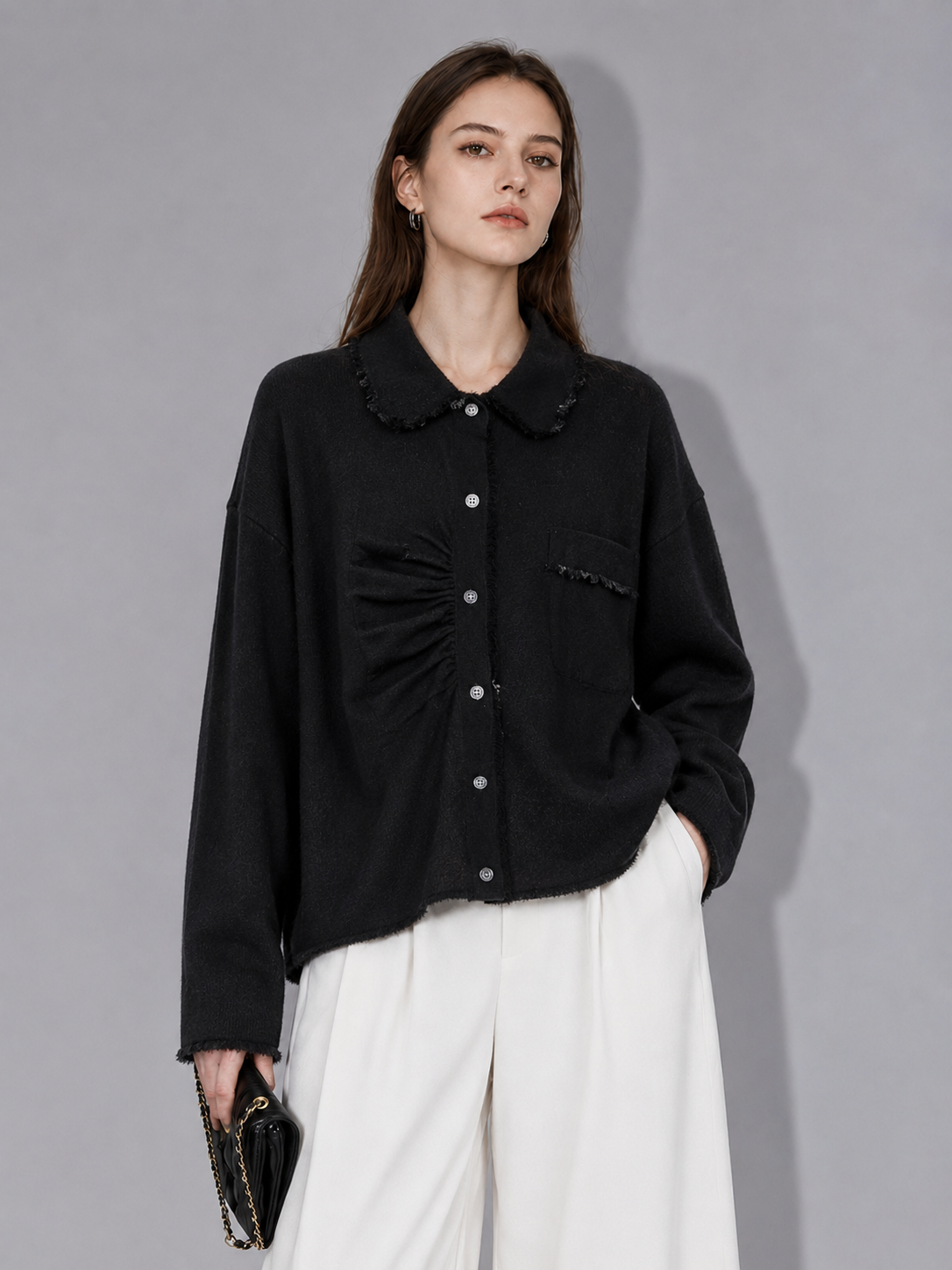 Luxury Wool Blend Overshirt Jacket – Minimalist Black Knit Cardigan Shirt with Vintage Collar	