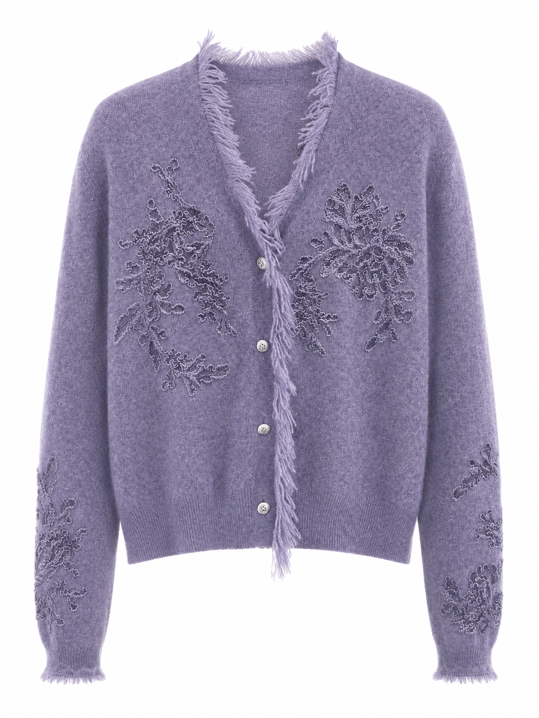 Women Knit Cardigan V Neck Button Up Floral Lace Applique Sweater Feather Fringe Trim Beige Soft Knitwear for Autumn
