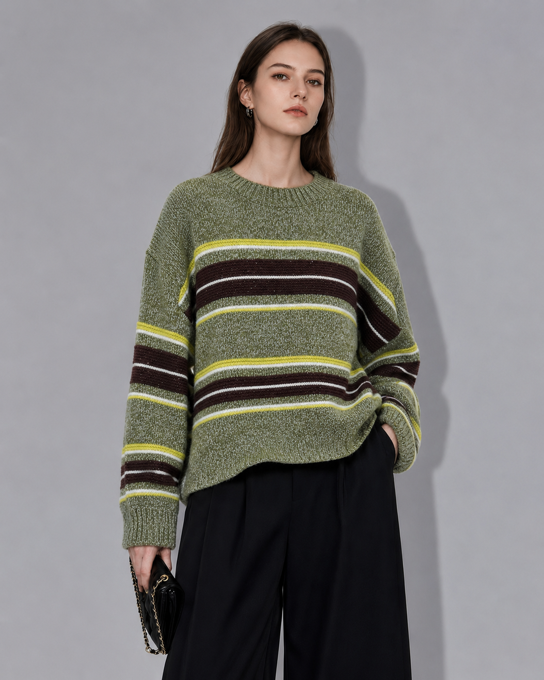 Luxury Wool Striped Sweater – Olive Green Vintage Knit Pullover with Retro Contrast Details	