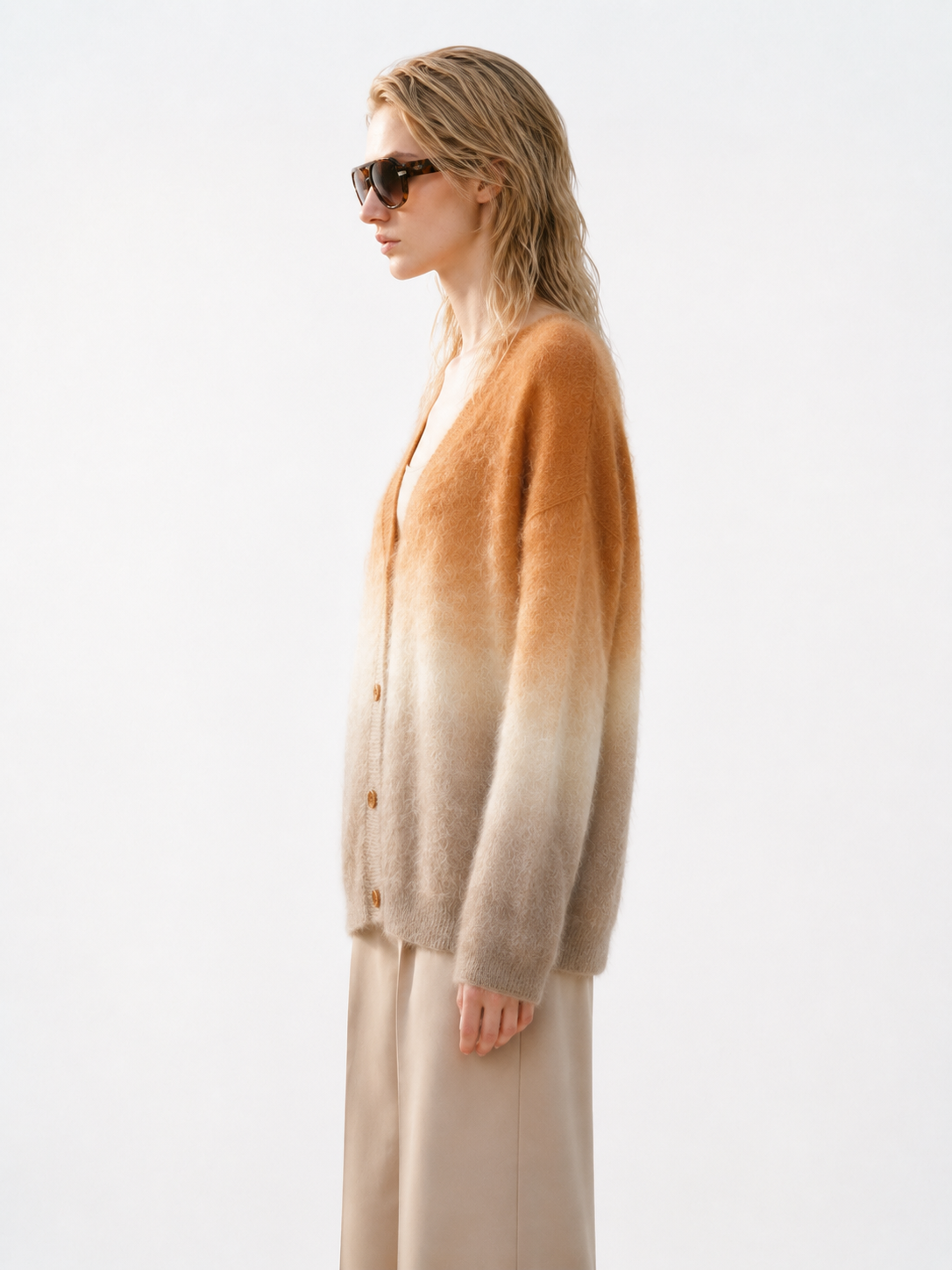 Ombre Gradient Mohair Cardigan Women Caramel Fuzzy Knit V Neck Oversized Drop Shoulder Button Up Fluffy Sweater Coat
