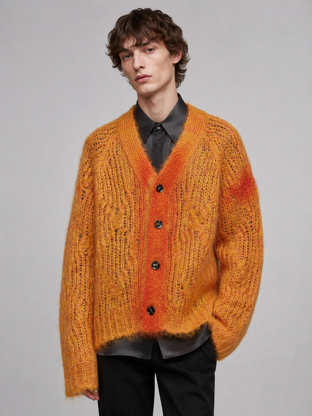 Wholesale Custom Fuzzy Mohair Wool Blend Leopard Jacquard Oversize Crew Neck Cropped Men Knit Sweater Luxury Street Knitwear