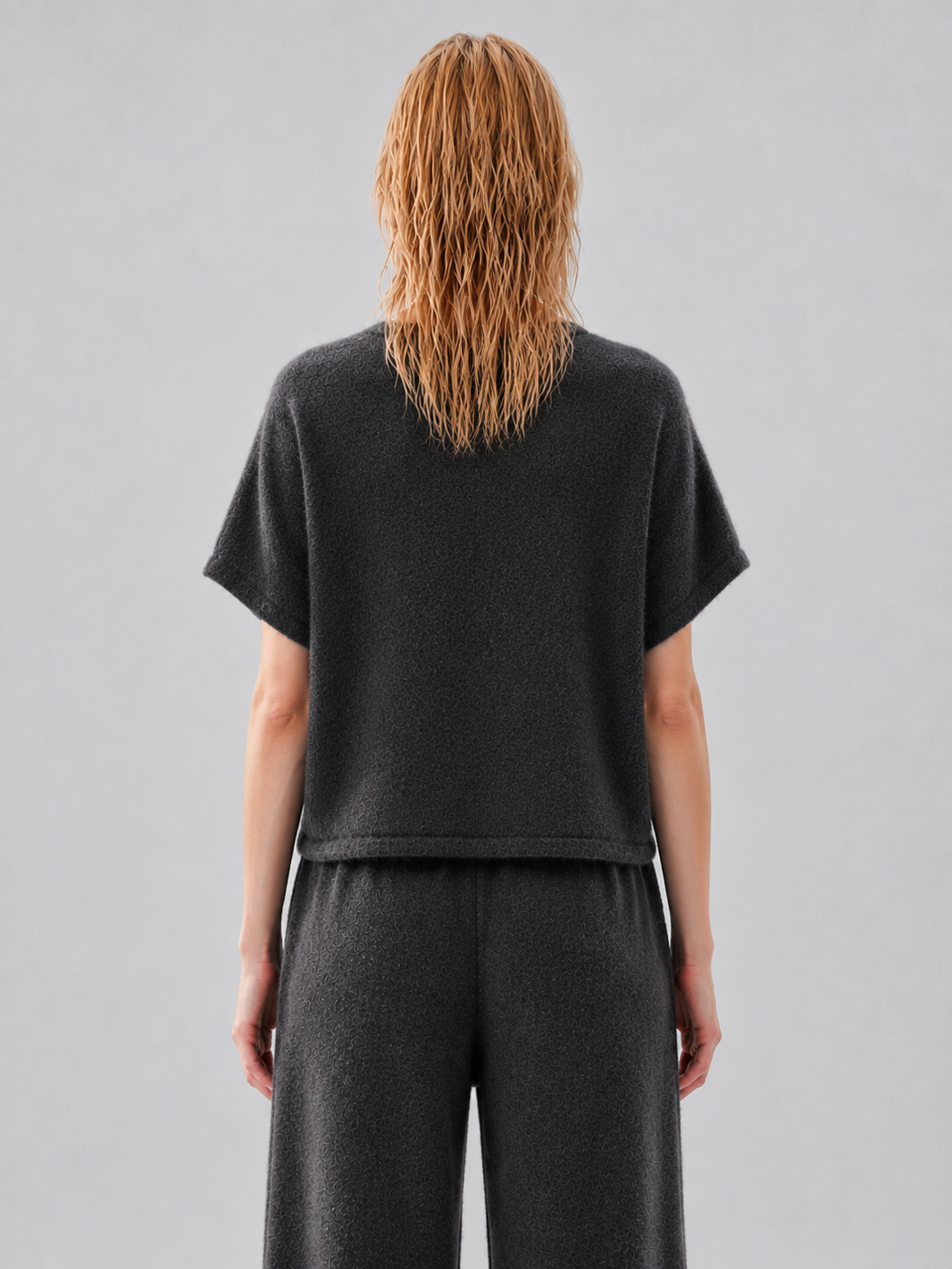 Women Knit Two Piece Set Half Zip V Neck Jacquard Sweater and Drawstring Wide Leg Pants Dark Grey Lounge Outfit