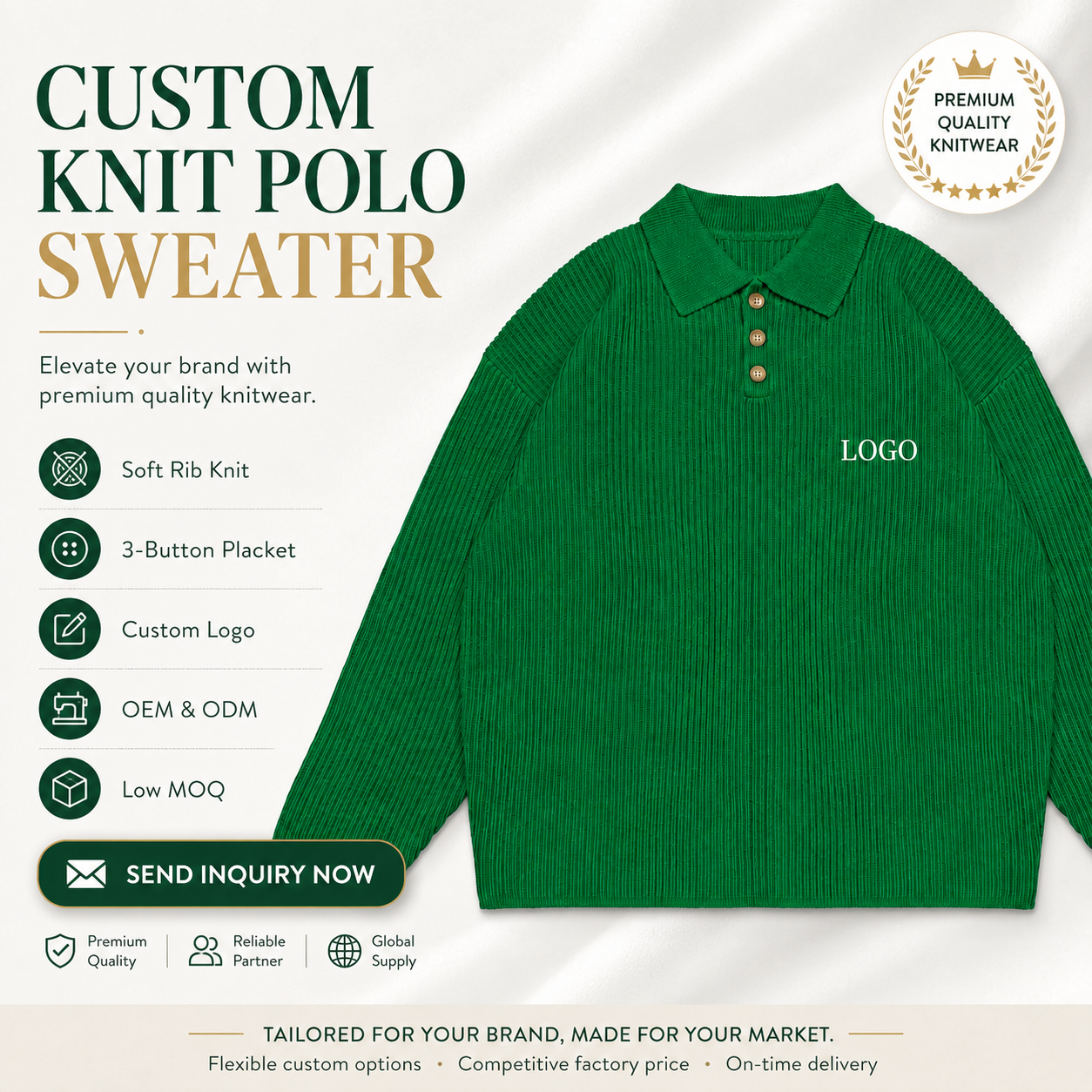Custom Men's Autumn 100% Cotton Rib Knit for Sweater 3 Button Collar Pullover Long Sleeve Knitwear OEM ODM Manufacturer