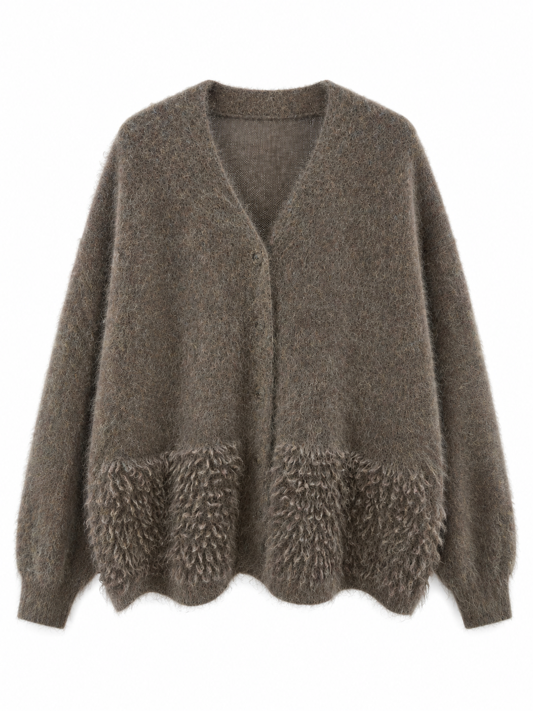 Women Wool Knit Cardigan V Neck Button Up Fuzzy Sweater Loop Fringe Pocket Cream Soft Knitwear for Autumn Winter
