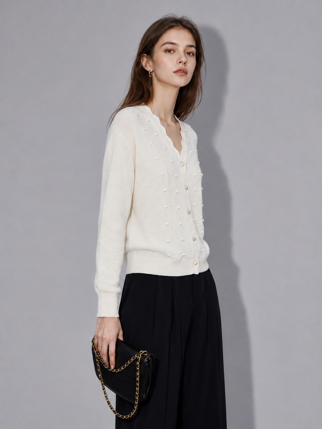 Knitted cardigan with wave-edge design, long-sleeved cream-colored sweater coat, factory direct price, women's top, fashionable and versatile