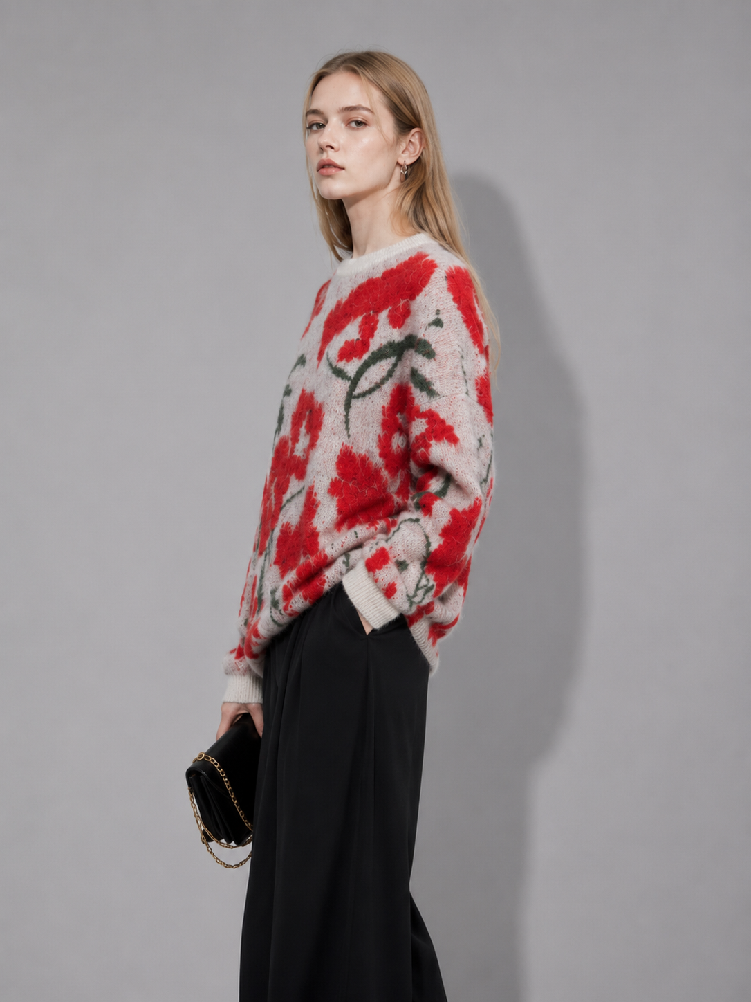 Custom Knitwear Manufacturer Print Pattern Floral Sweater Women Knitted Pullover Crew Neck Winter Knit Women Sweater