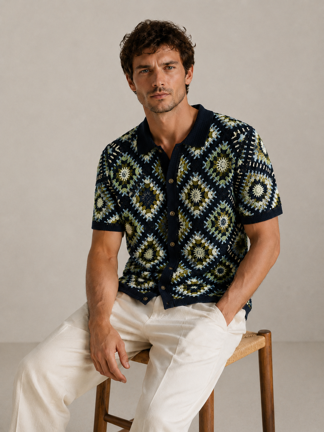 Summer Casual Short-sleeved Knit Cardigan for Men Color Blocking, Openwork Crochet Cardigan POLO