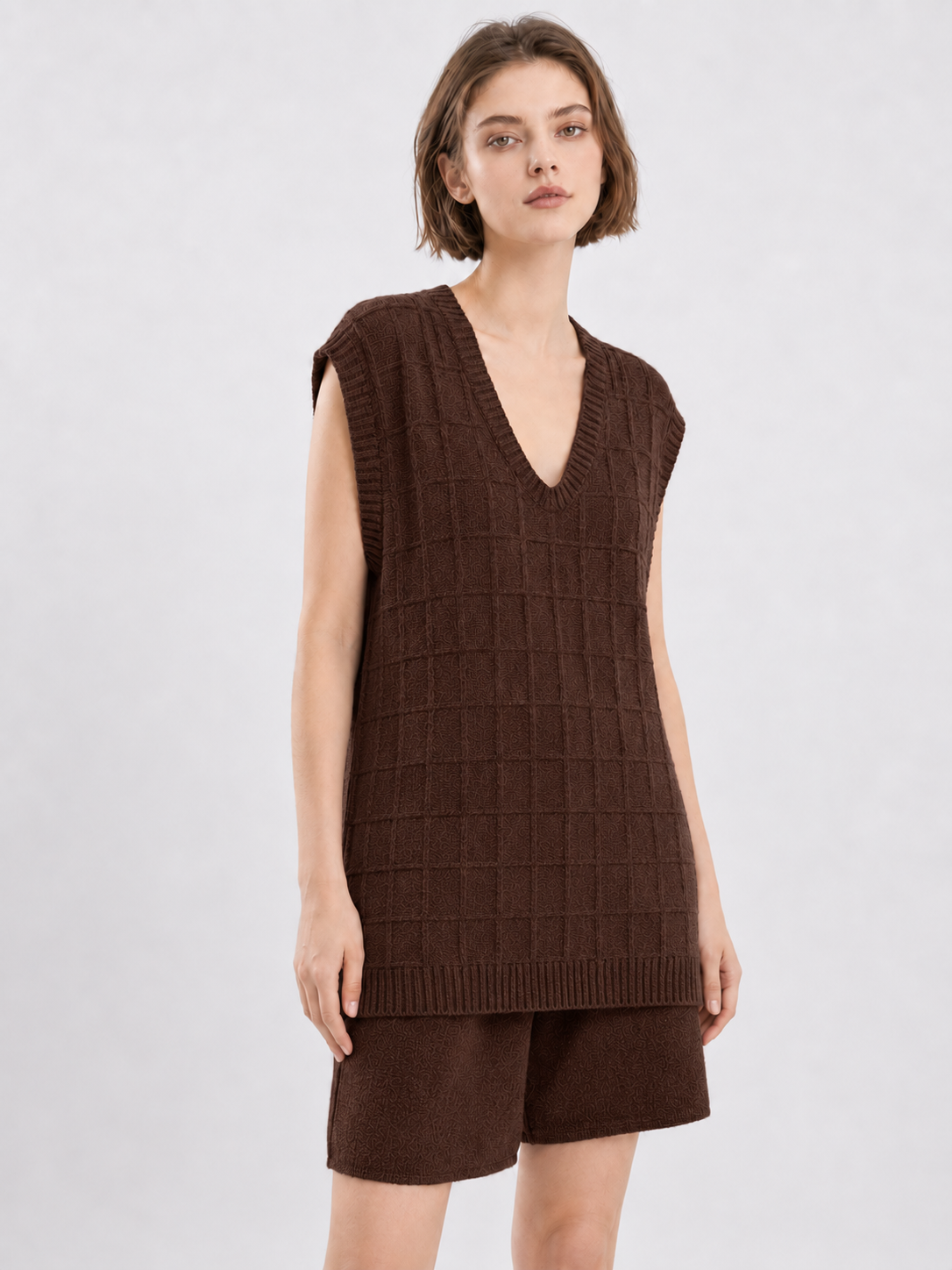 Women Oversized V Neck Knit Sweater Vest Sleeveless Plaid Longline Pullover Top for Casual Layered Outfits
