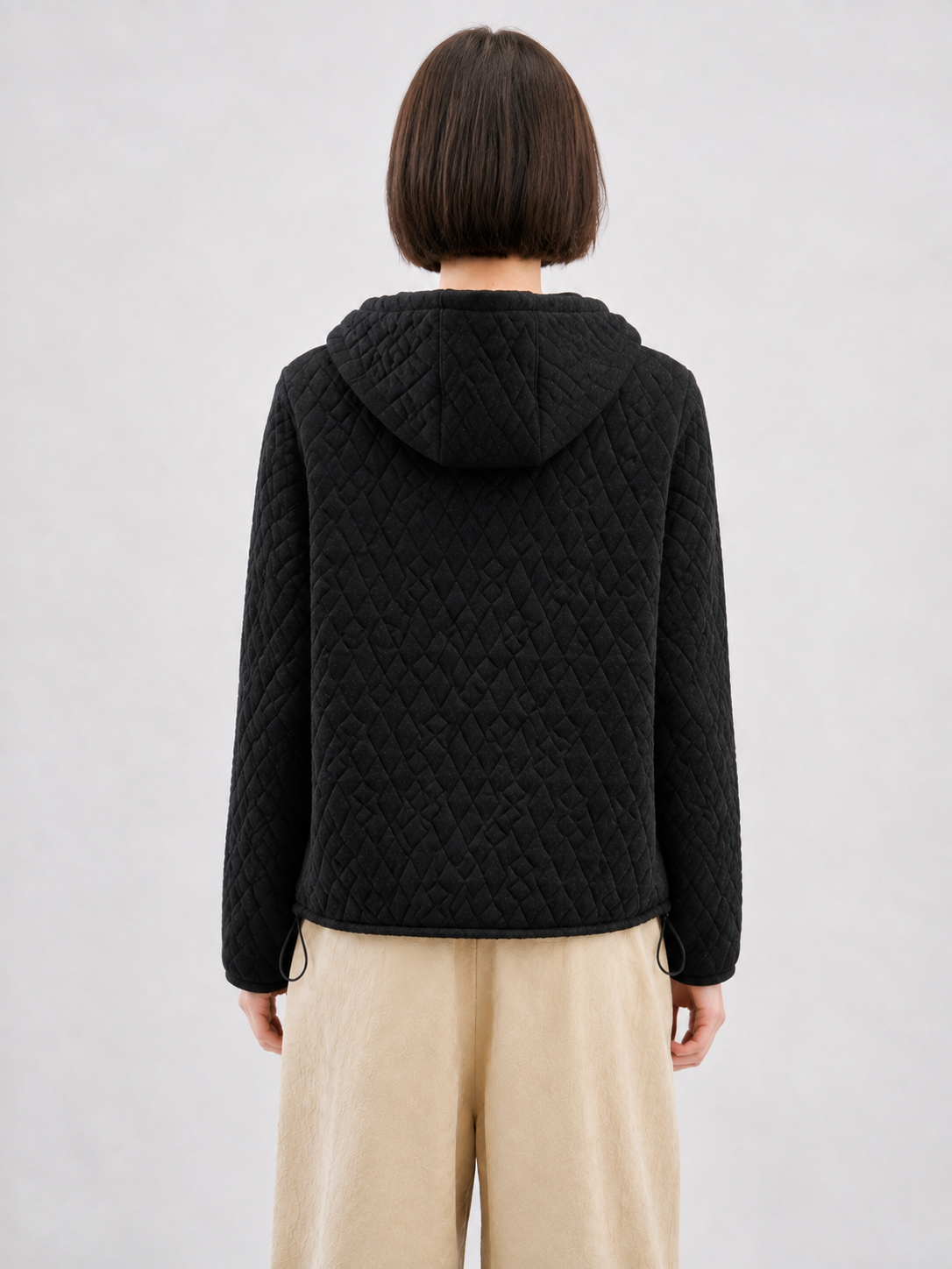 Women Quilted Hooded Jacket Zip Up Long Sleeve Lightweight Padded Hoodie Black Drawstring Short Coat for Autumn Winter