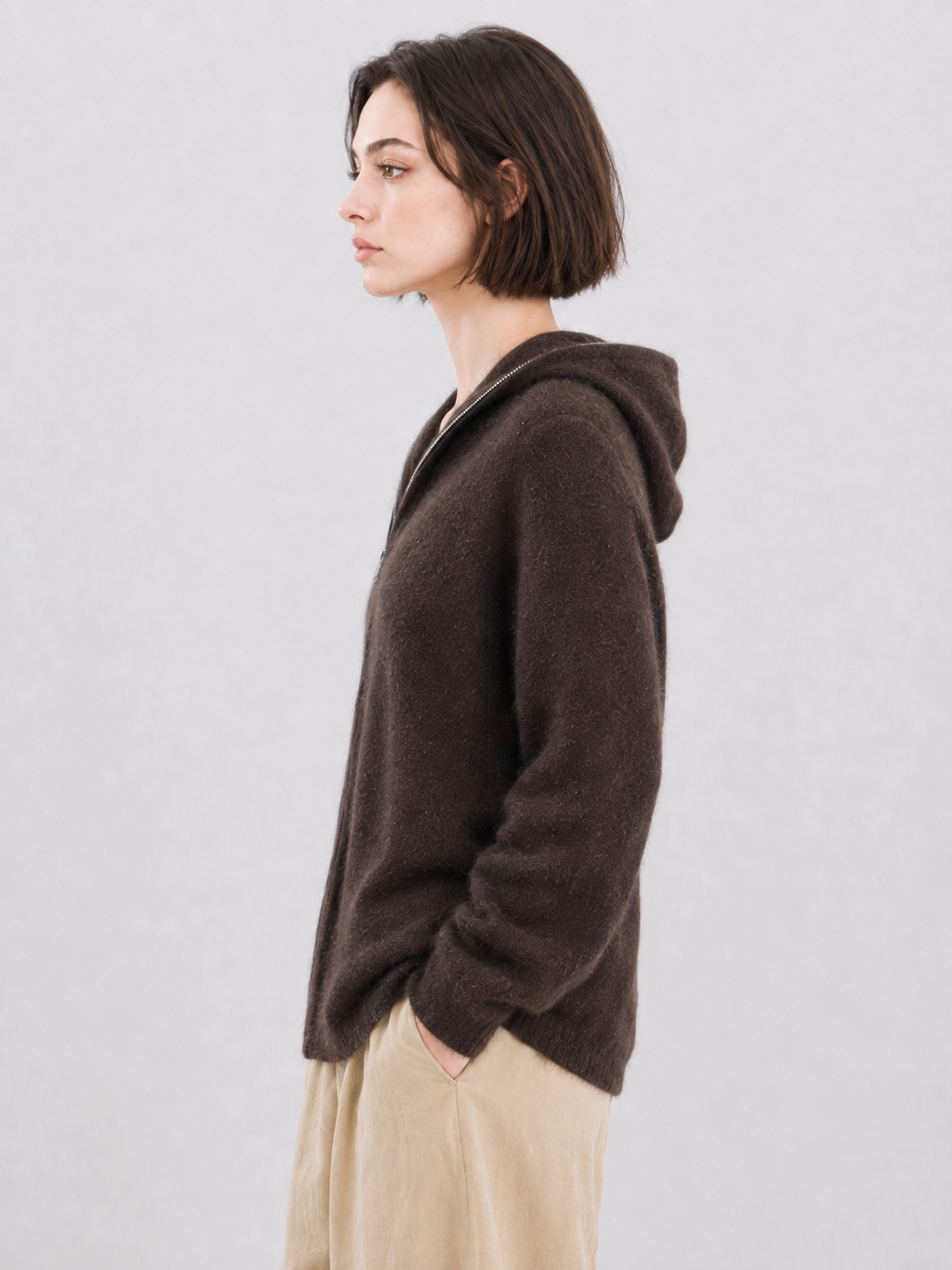 Brown Fuzzy Knit Zip Up Hoodie Women Oversized Brushed Hooded Cardigan Sweater Drop Shoulder Soft Knitwear for Autumn