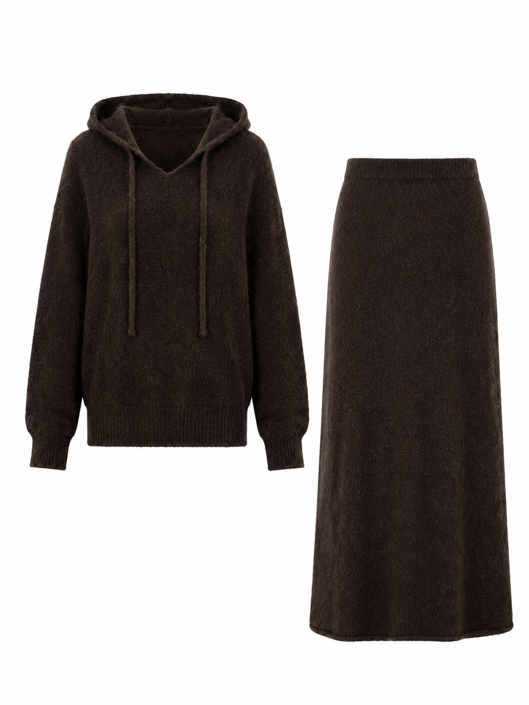 Womens Knit Hoodie and Maxi Skirt Set Long Sleeve Drawstring Sweater Two Piece Ladies Autumn Winter Knitted Outfit Suit