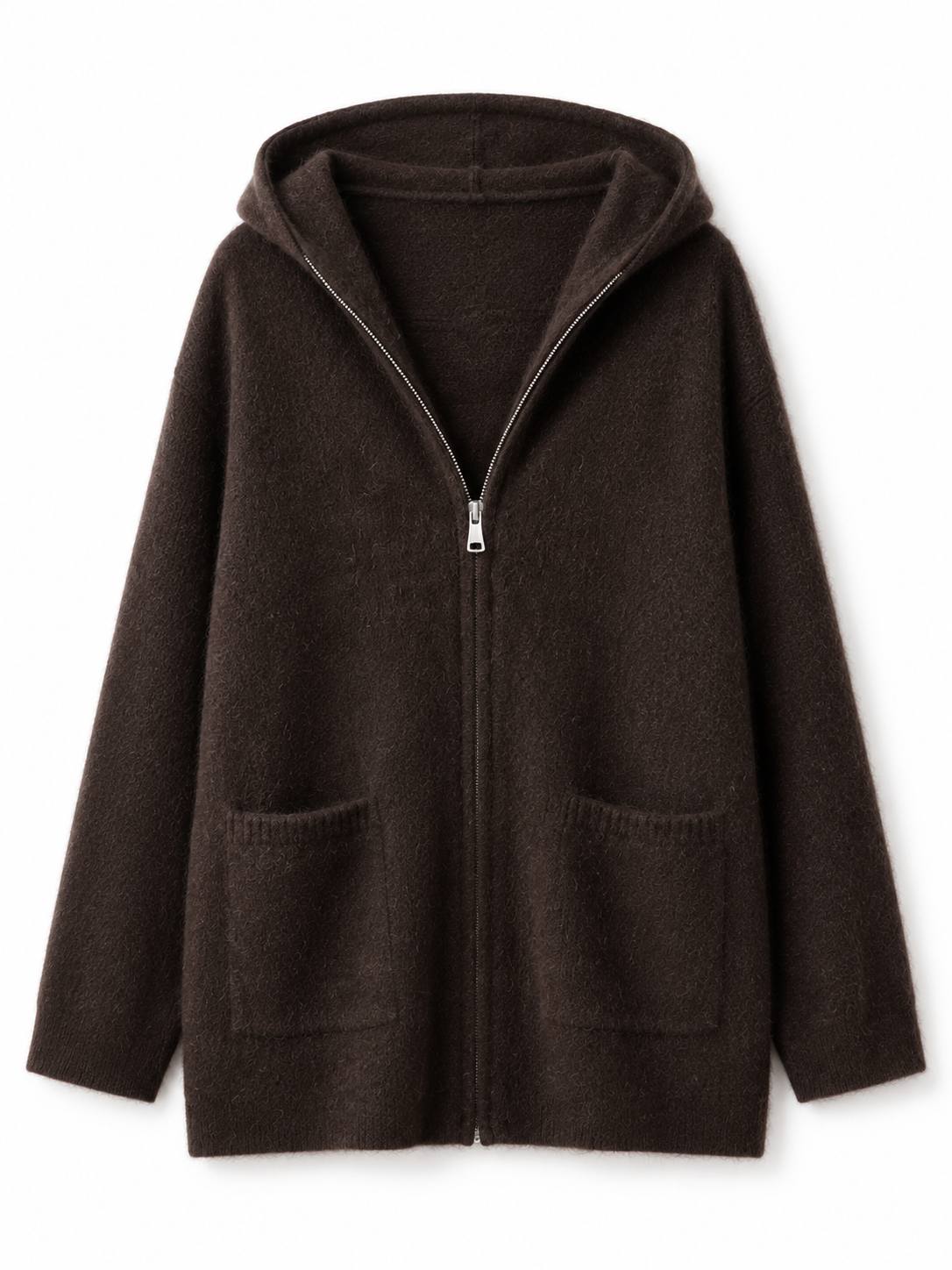 Brown Fuzzy Knit Zip Up Hoodie Women Oversized Brushed Hooded Cardigan Sweater Drop Shoulder Soft Knitwear for Autumn