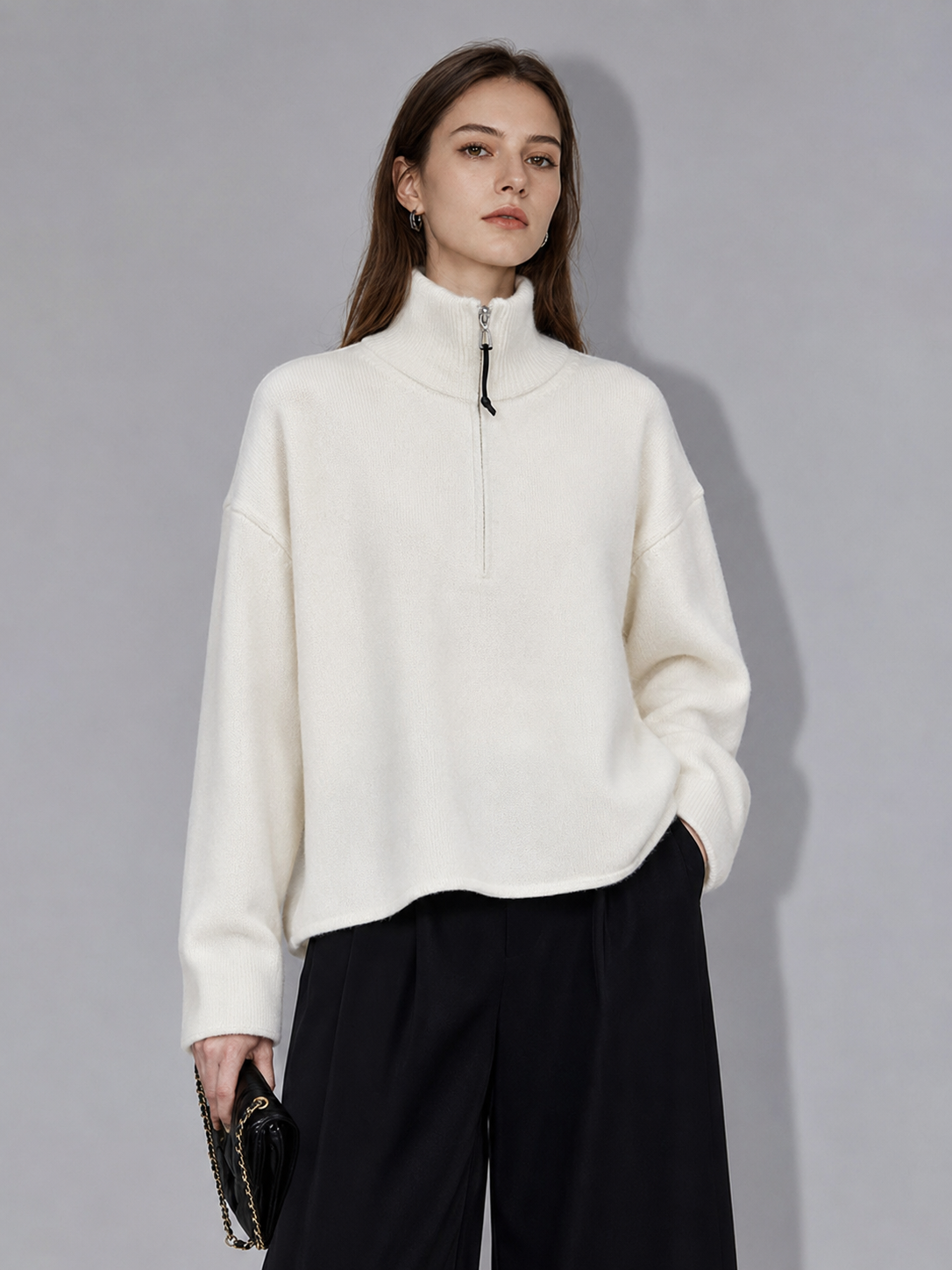 Premium Wool Half-Zip Sweater – Minimalist Oversized High Neck Knit Pullover for Women