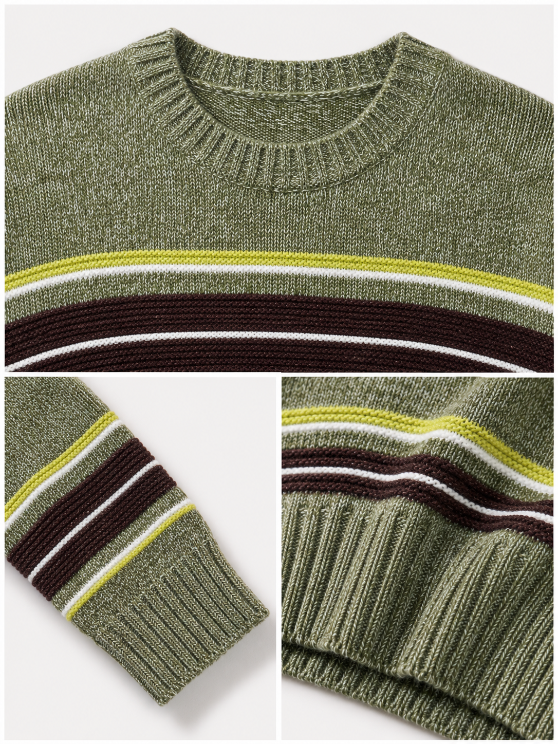 Luxury Wool Striped Sweater – Olive Green Vintage Knit Pullover with Retro Contrast Details	