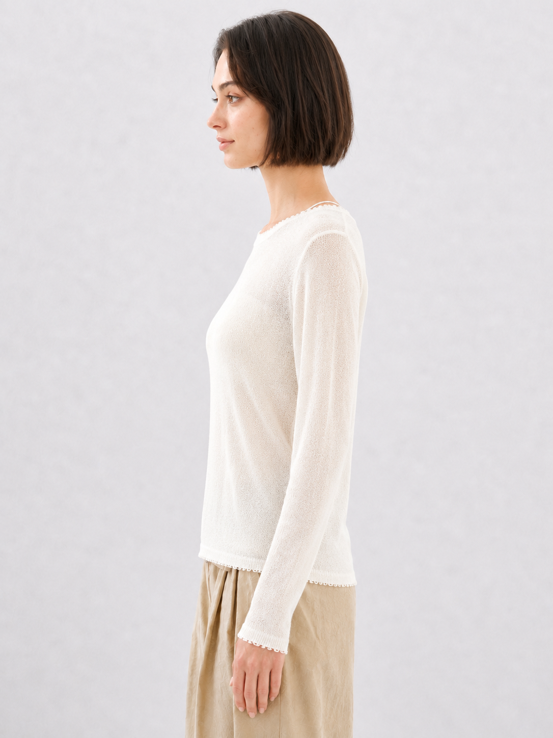 Women Pointelle Lace Knit Top Long Sleeve Sheer Crochet Pullover Round Neck Lightweight Openwork Sweater Ivory Layering Top
