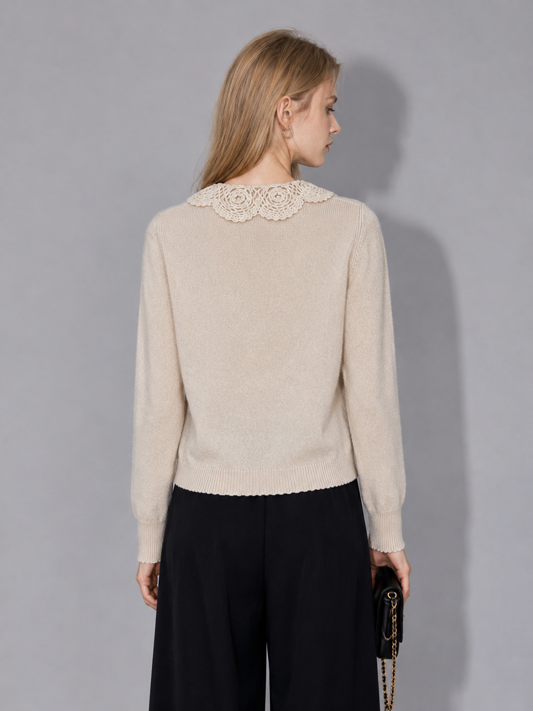 Women's dress with a babydoll collar, wool and cashmere knitted sweater with a collar, cardigan