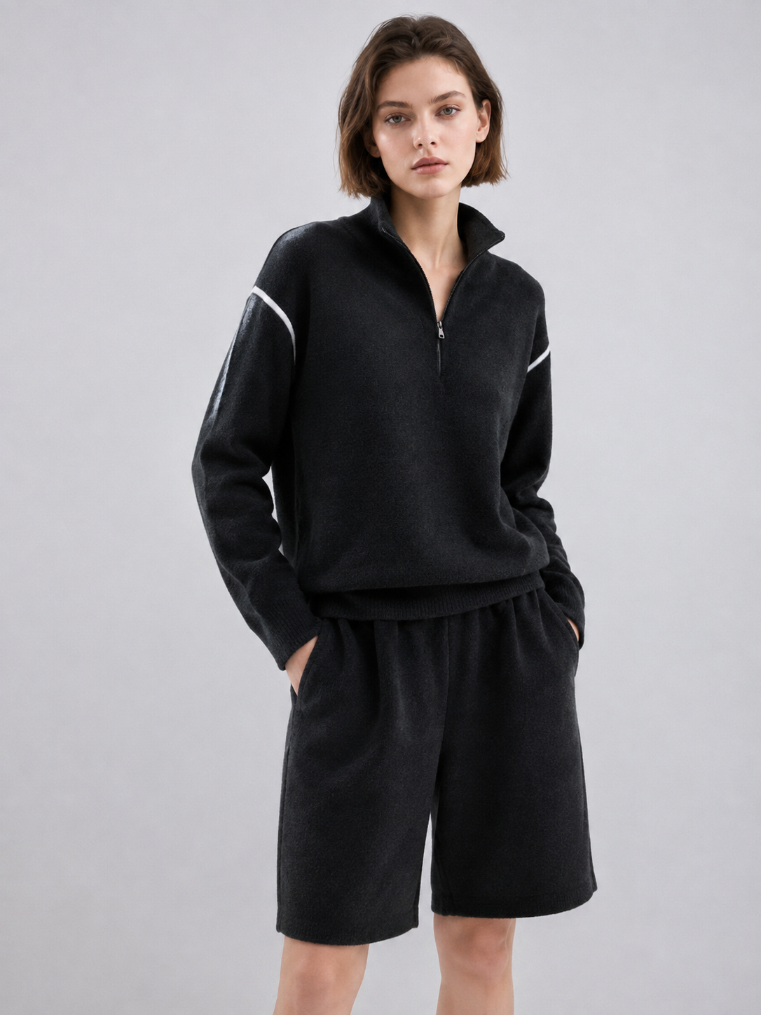 Women's Two Piece Knit Shorts Set Half Zip Mock Neck Pullover and Elastic Waist Bermuda Shorts Casual Outfit