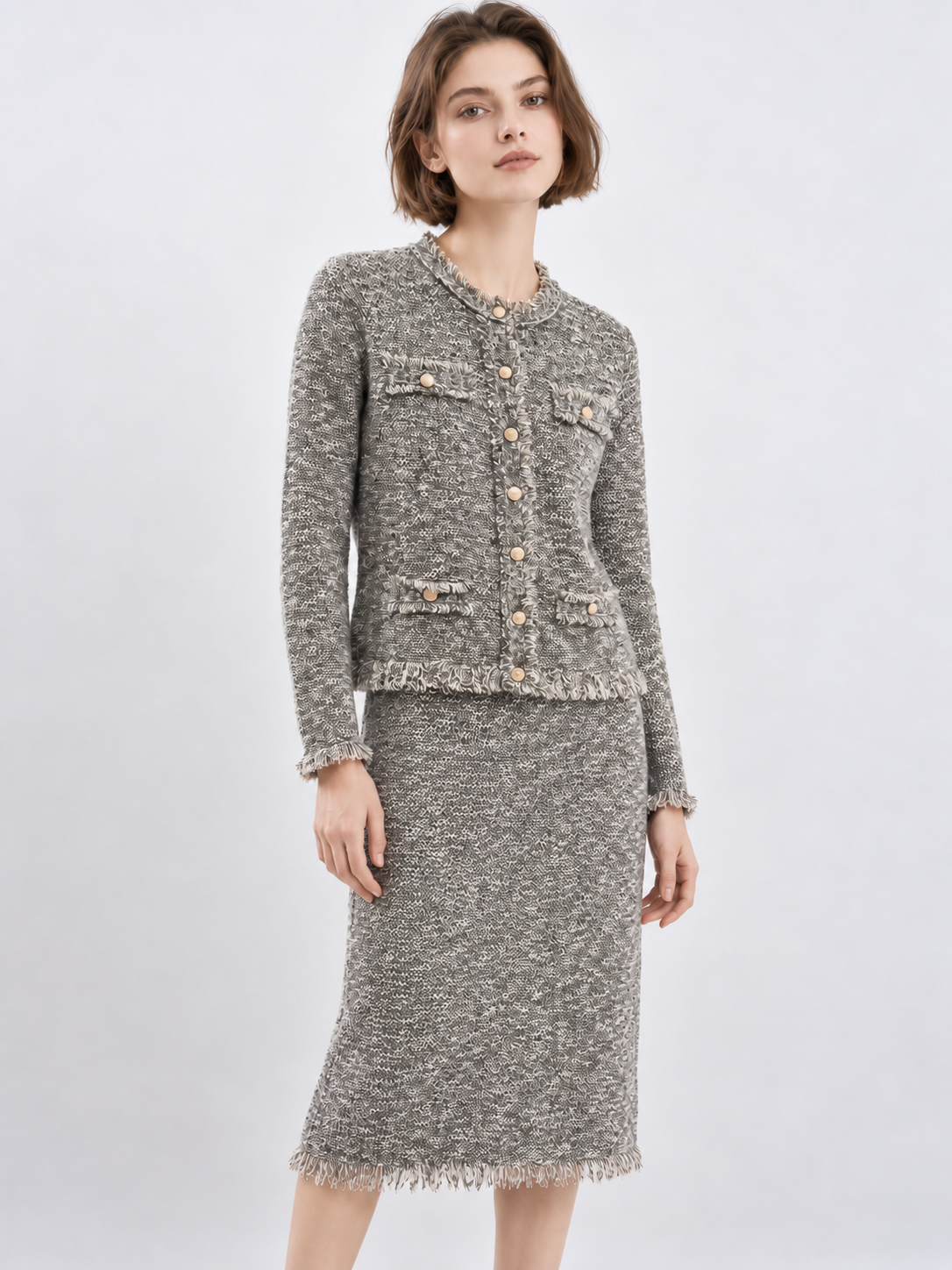 Women's Tweed Two Piece Skirt Set Collarless Fringe Trim Jacket and High Waist Midi Pencil Skirt Elegant Outfit