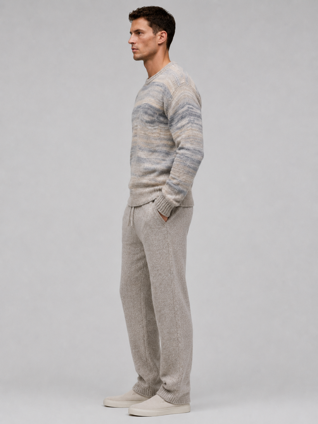 Custom LOGO Men Long Sleeve Crew Neck Pullover Stripe Knitwear Winter Fuzzy Casual Jumper Mohair Knitted Sweater