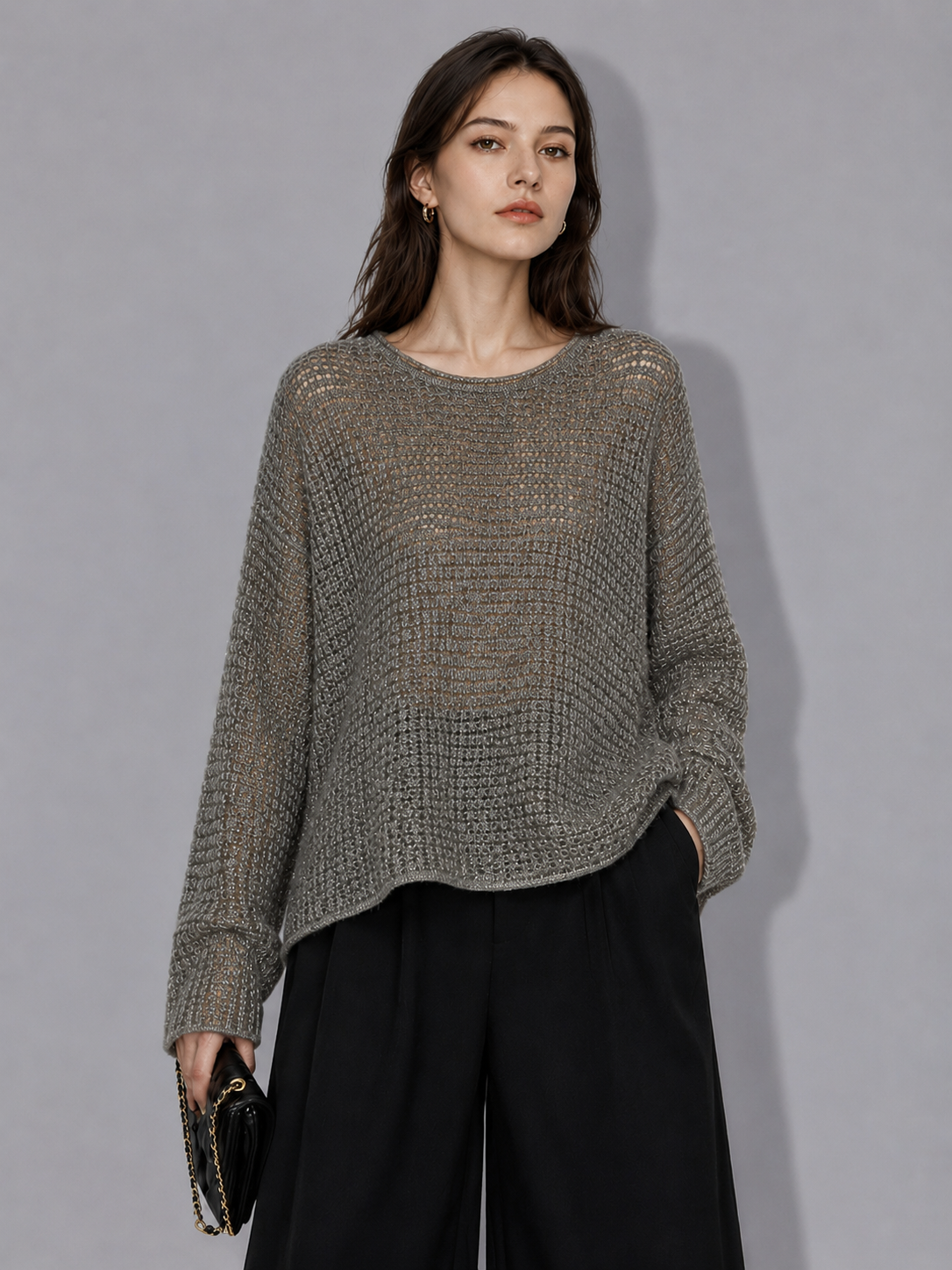 Luxury Wool Open Knit Sweater – Lightweight Grey Mesh Pullover with Relaxed Fit	