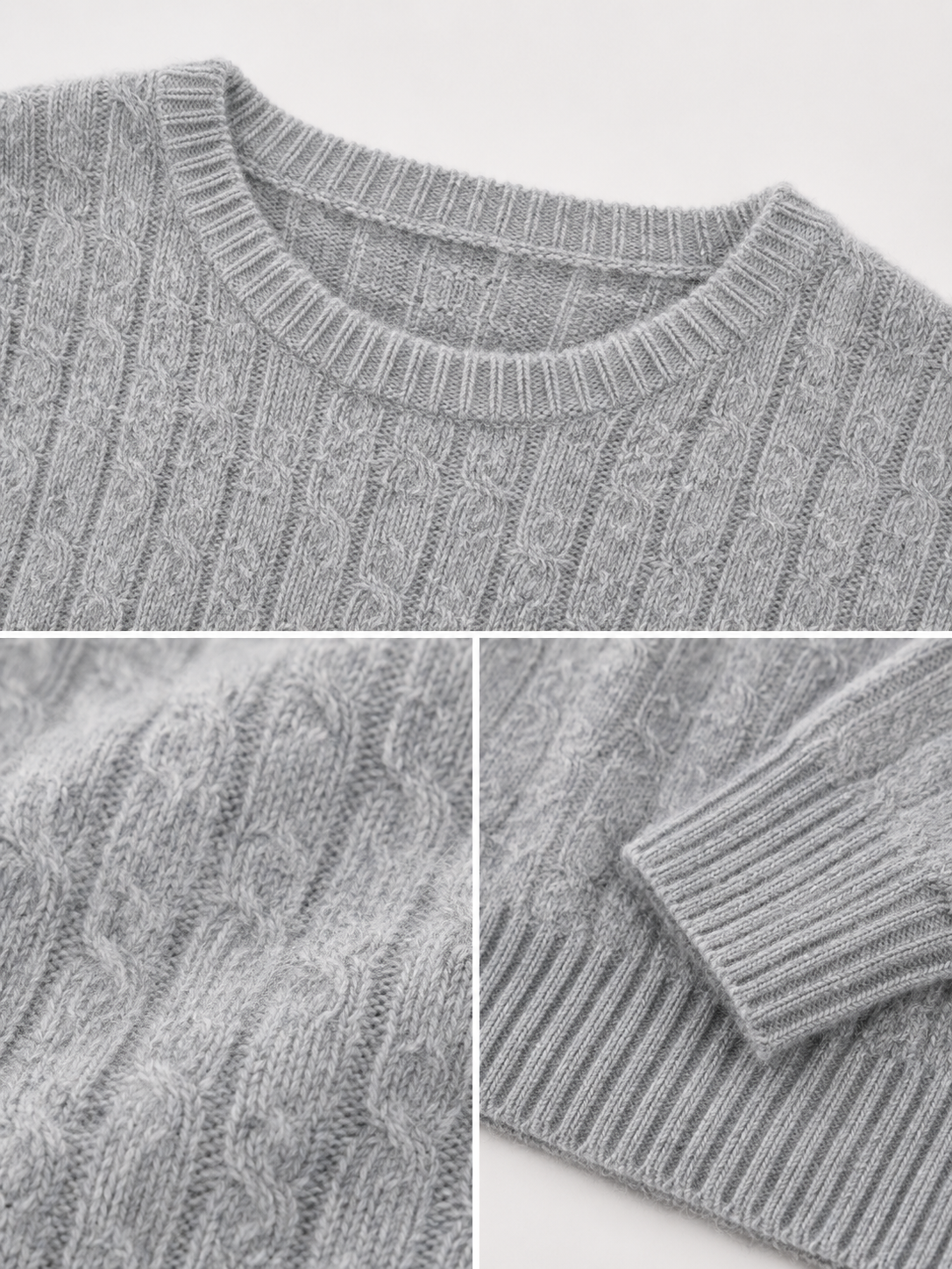 Womens Cable Knit Sweater Crew Neck Pullover Heather Grey Ribbed Trim Loose Ladies Jumper Autumn Winter Knitwear Top