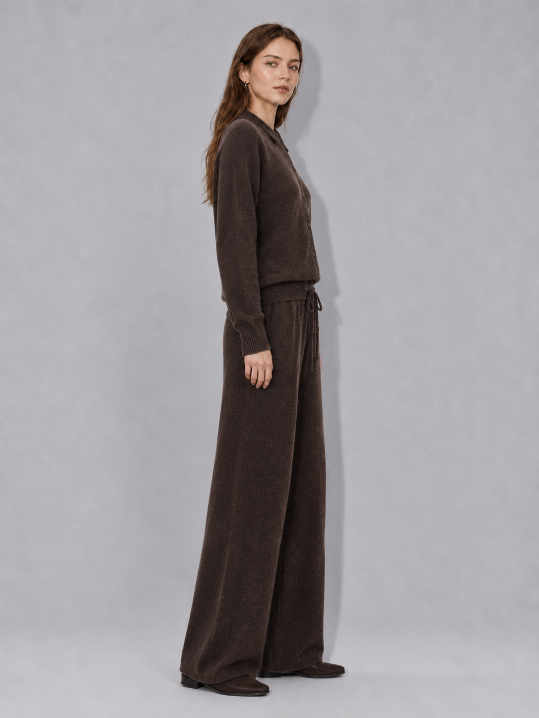 Womens Knit Polo Cardigan and Wide Leg Pants Set Button Down Collar Sweater Ladies Autumn Winter Two Piece Knitwear Suit