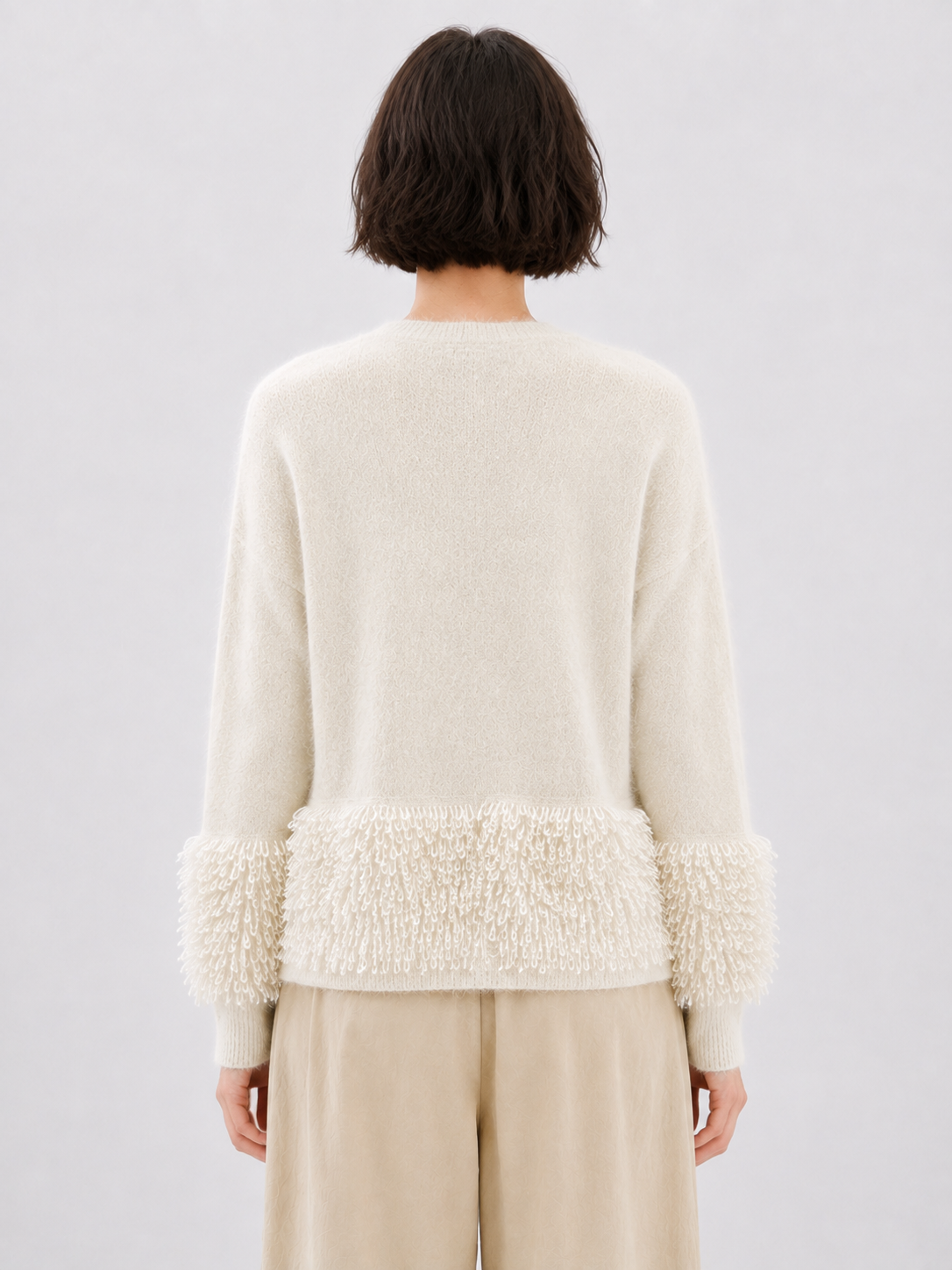 Women Wool Knit Cardigan V Neck Button Up Fuzzy Sweater Loop Fringe Pocket Cream Soft Knitwear for Autumn Winter