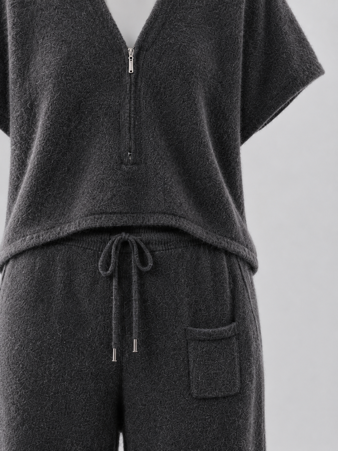 Women Knit Two Piece Set Half Zip V Neck Jacquard Sweater and Drawstring Wide Leg Pants Dark Grey Lounge Outfit