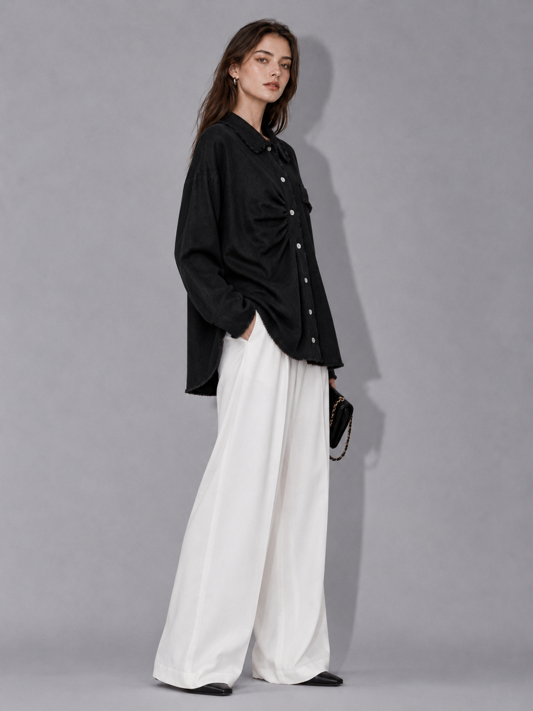 Luxury Wool Blend Overshirt Jacket – Minimalist Black Knit Cardigan Shirt with Vintage Collar	