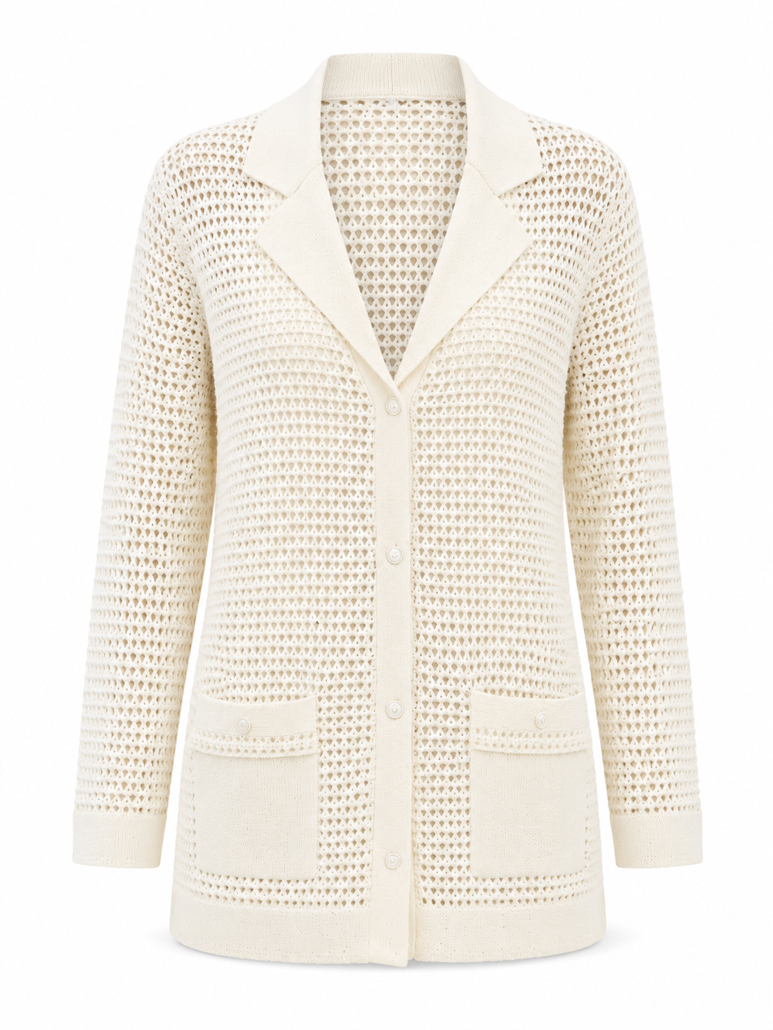 Womens Crochet Knit Cardigan Lapel Collar Button Front Mesh Hollow Out Cream Long Ladies Shirt Jacket Beach Cover Up