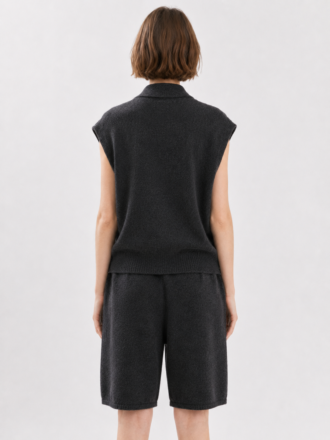 Women's Charcoal Gray Knit Two Piece Set Sleeveless Lapel Cardigan Vest and Wide Leg Shorts for Office Casual Wear