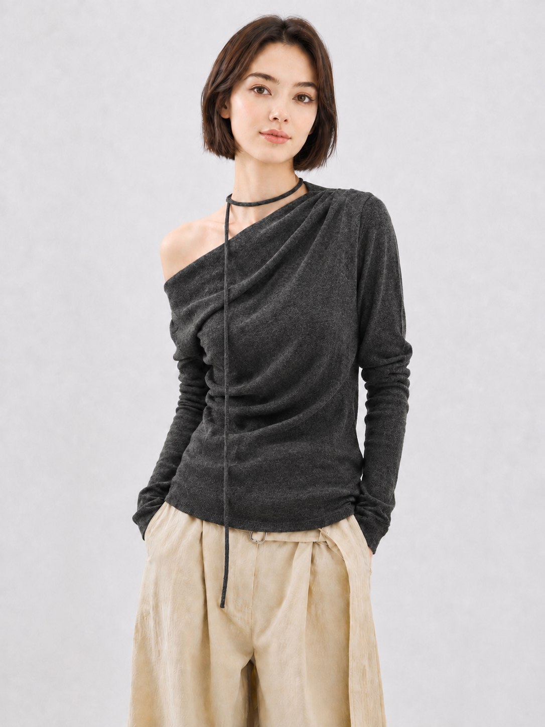 Women Asymmetric One Shoulder Long Sleeve Top Ruched Slim Fit Draped Blouse with Tie Strap for Autumn Fashion