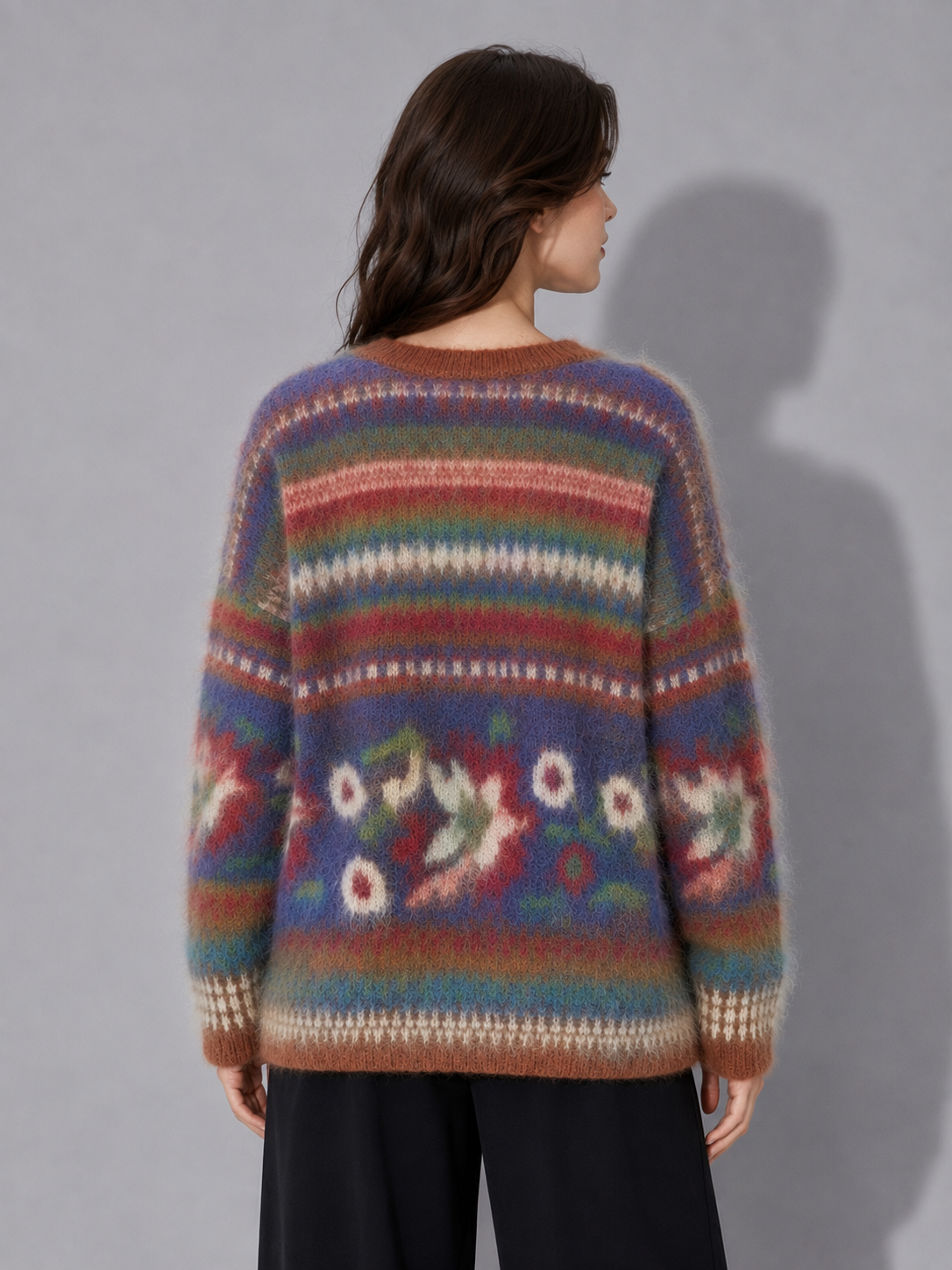 Fall/Winter New Vintage Pure Wool Flowers Crew Neck Sweater Full Sleeve Women's Brushed Jacquard Pullover Top