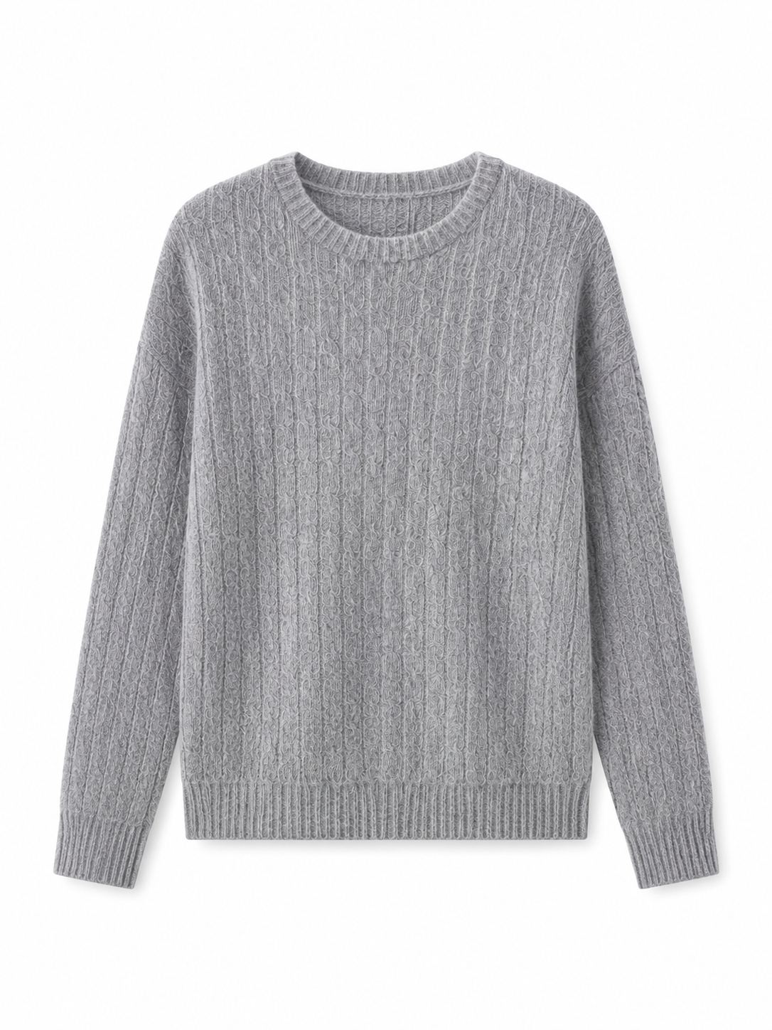 Womens Cable Knit Sweater Crew Neck Pullover Heather Grey Ribbed Trim Loose Ladies Jumper Autumn Winter Knitwear Top