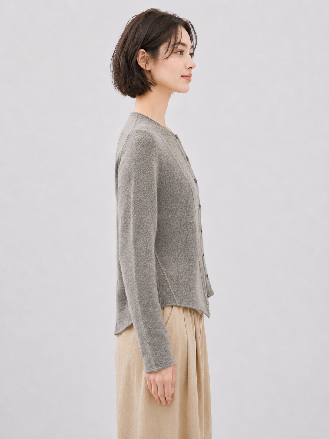 Women Round Neck Button Up Knit Cardigan Slim Fit Ribbed Panel Sweater Curved Hem Long Sleeve Grey Casual Knitwear Top