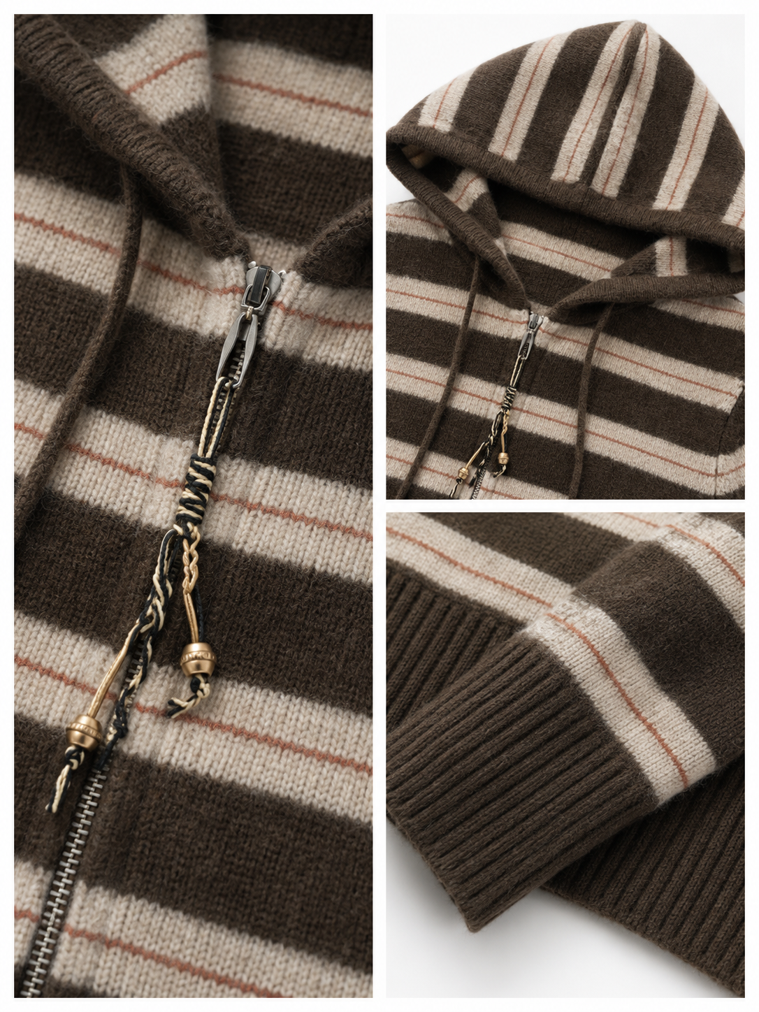 Luxury Wool Striped Hooded Cardigan Jacket – Vintage Zip Knit Sweater for Women