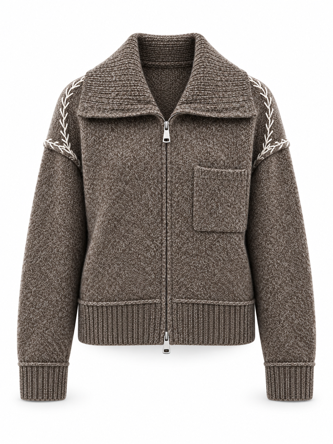 Women's Oversized Zip Up Knit Cardigan with Turn Down Collar Chest Pocket Long Sleeve Quiet Luxury Sweater Jacket