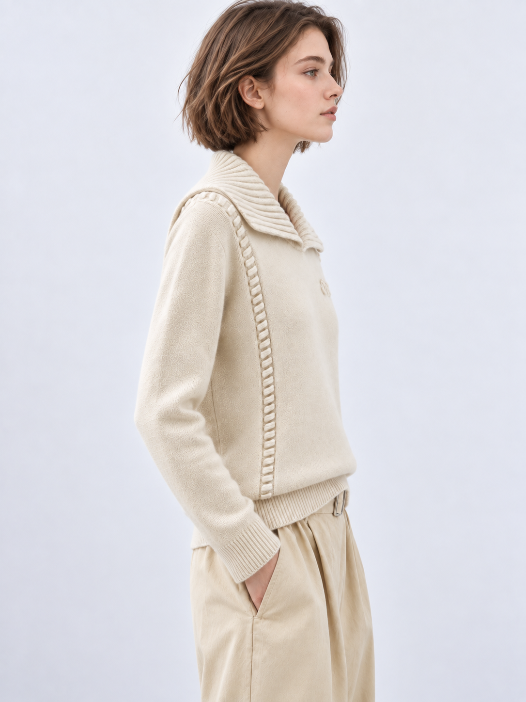 Women's V Neck Knit Sweater Wide Collar Long Sleeve Pullover with Contrast Braided Trim Relaxed Fit Casual Jumper