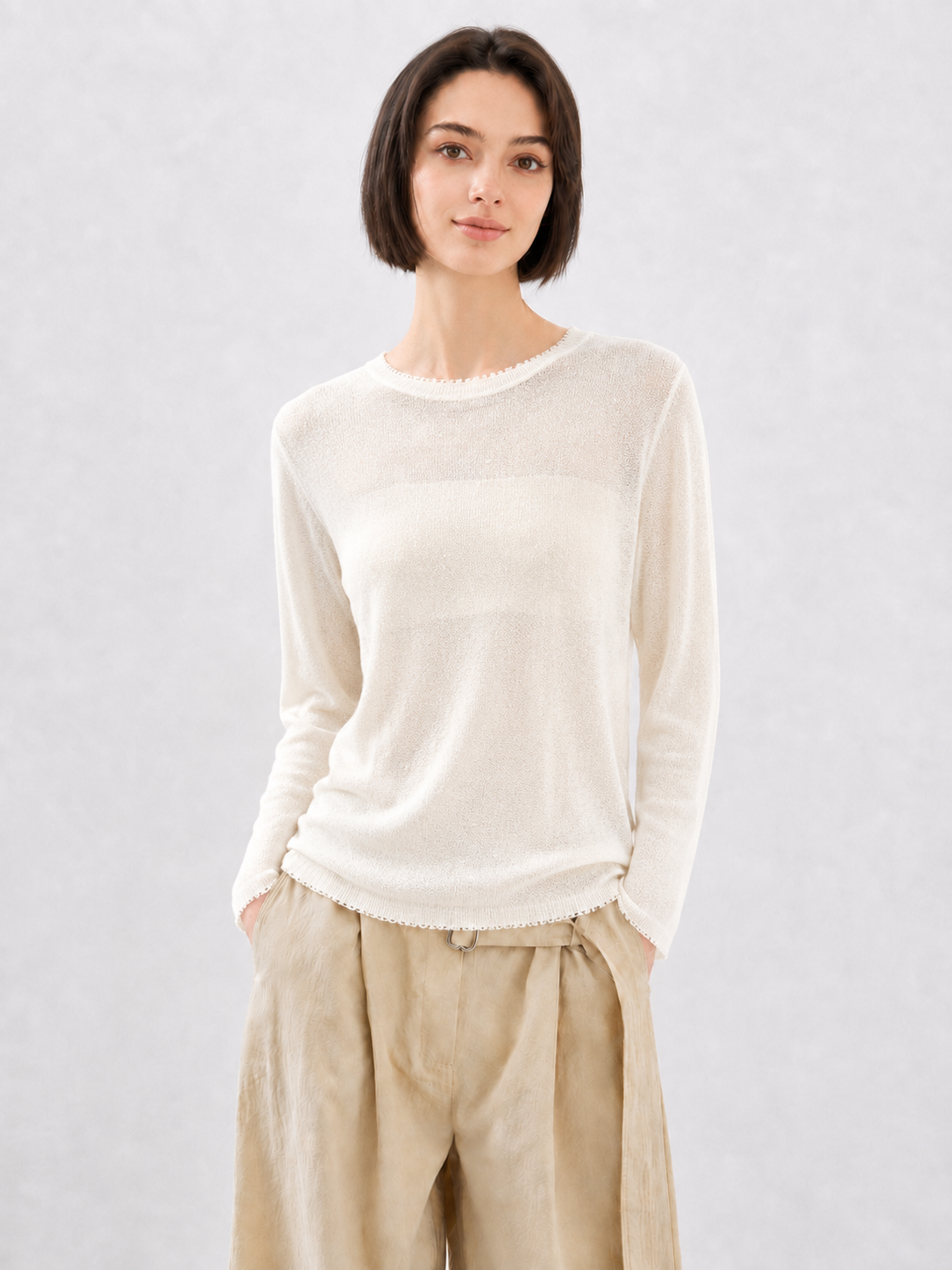 Women Pointelle Lace Knit Top Long Sleeve Sheer Crochet Pullover Round Neck Lightweight Openwork Sweater Ivory Layering Top