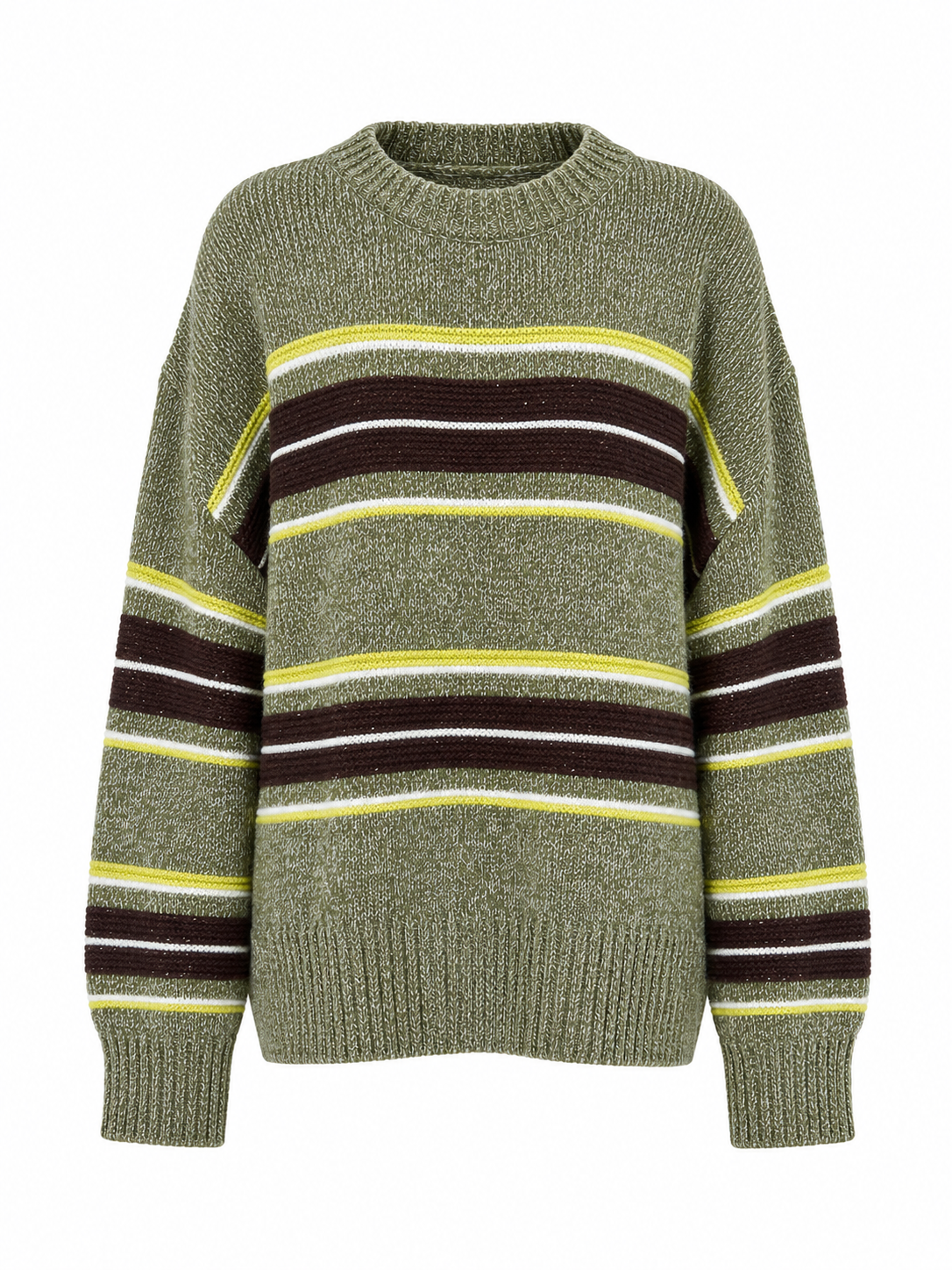 Luxury Wool Striped Sweater – Olive Green Vintage Knit Pullover with Retro Contrast Details	