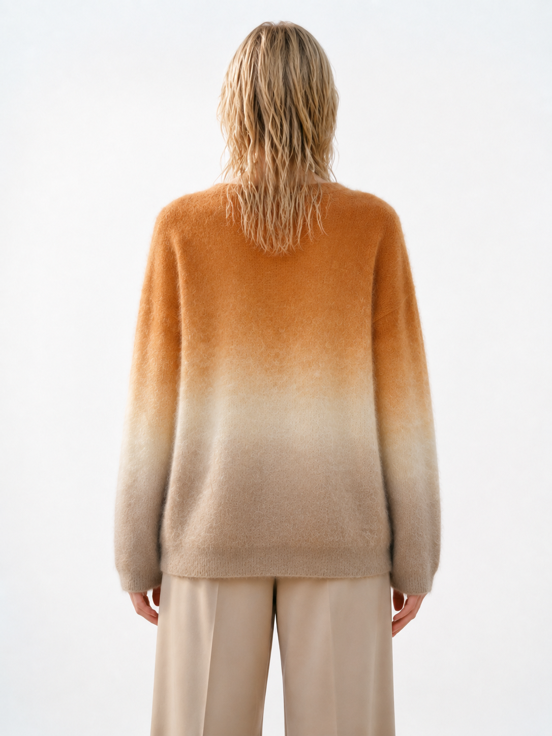 Ombre Gradient Mohair Cardigan Women Caramel Fuzzy Knit V Neck Oversized Drop Shoulder Button Up Fluffy Sweater Coat