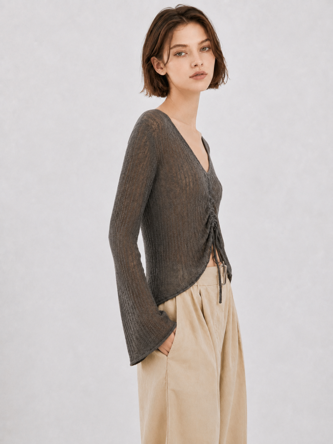 Women Drawstring Ruched Knit Top V Neck Flare Bell Sleeve Sheer Ribbed Sweater Slim Fit Pullover Charcoal Grey Crop Top