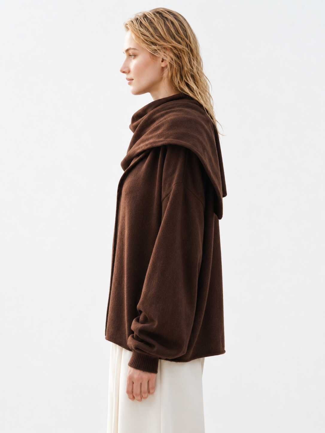 Dark Brown Women's Oversized Knit Sweater Asymmetric Draped Scarf Collar Long Sleeve Loose Pullover