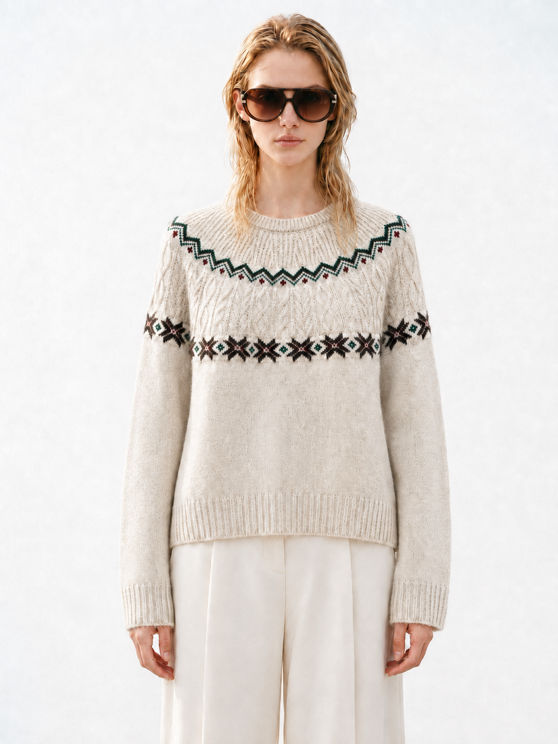 Women Fair Isle Sweater Beige Diamond Jacquard Cable Knit Yoke Pullover Ladies Crew Neck Oatmeal Jumper Winter Knitwear