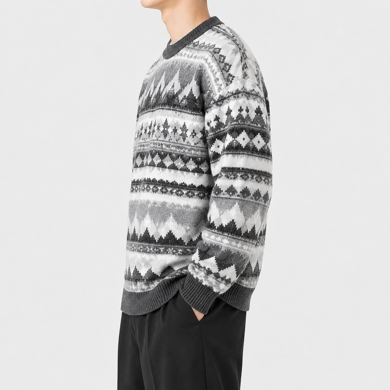 Custom Men's Jacquard Knit Sweater Nordic Pattern Pullover Crew Neck Winter Wool Knitwear OEM ODM Manufacturer