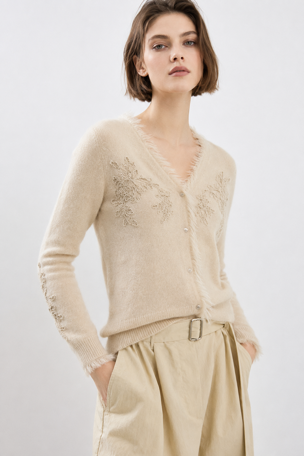 Women Knit Cardigan V Neck Button Up Floral Lace Applique Sweater Feather Fringe Trim Beige Soft Knitwear for Autumn